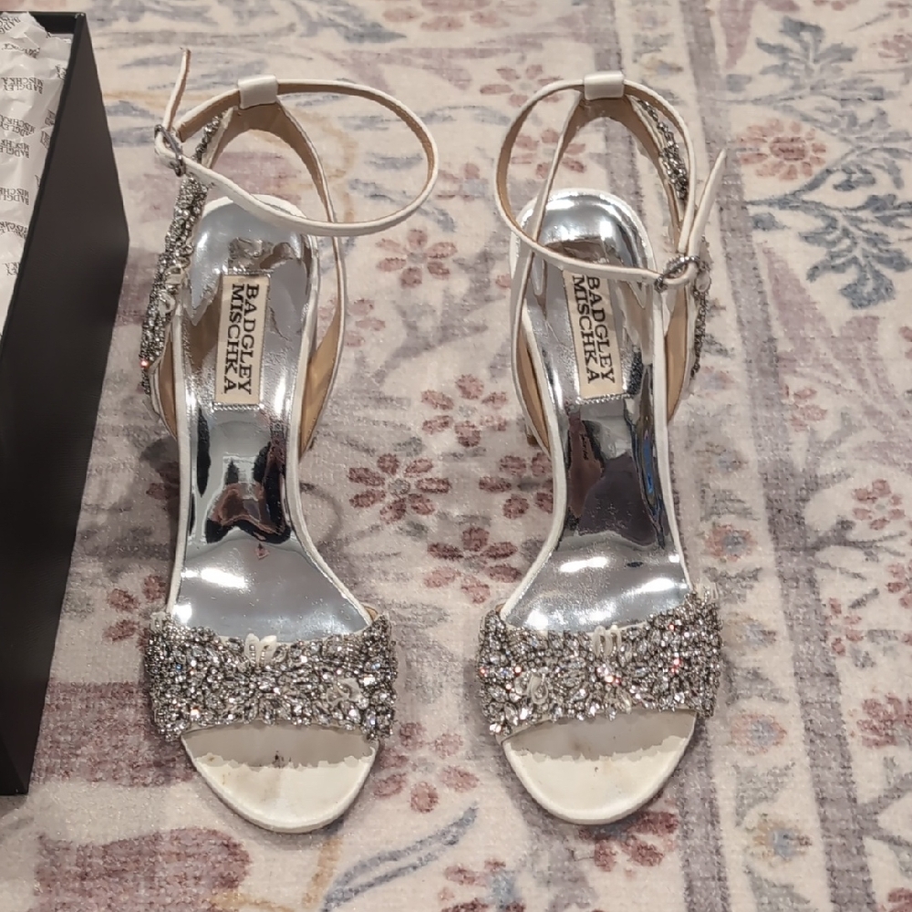 Badgley Mischka White and Silver Crystal Heels